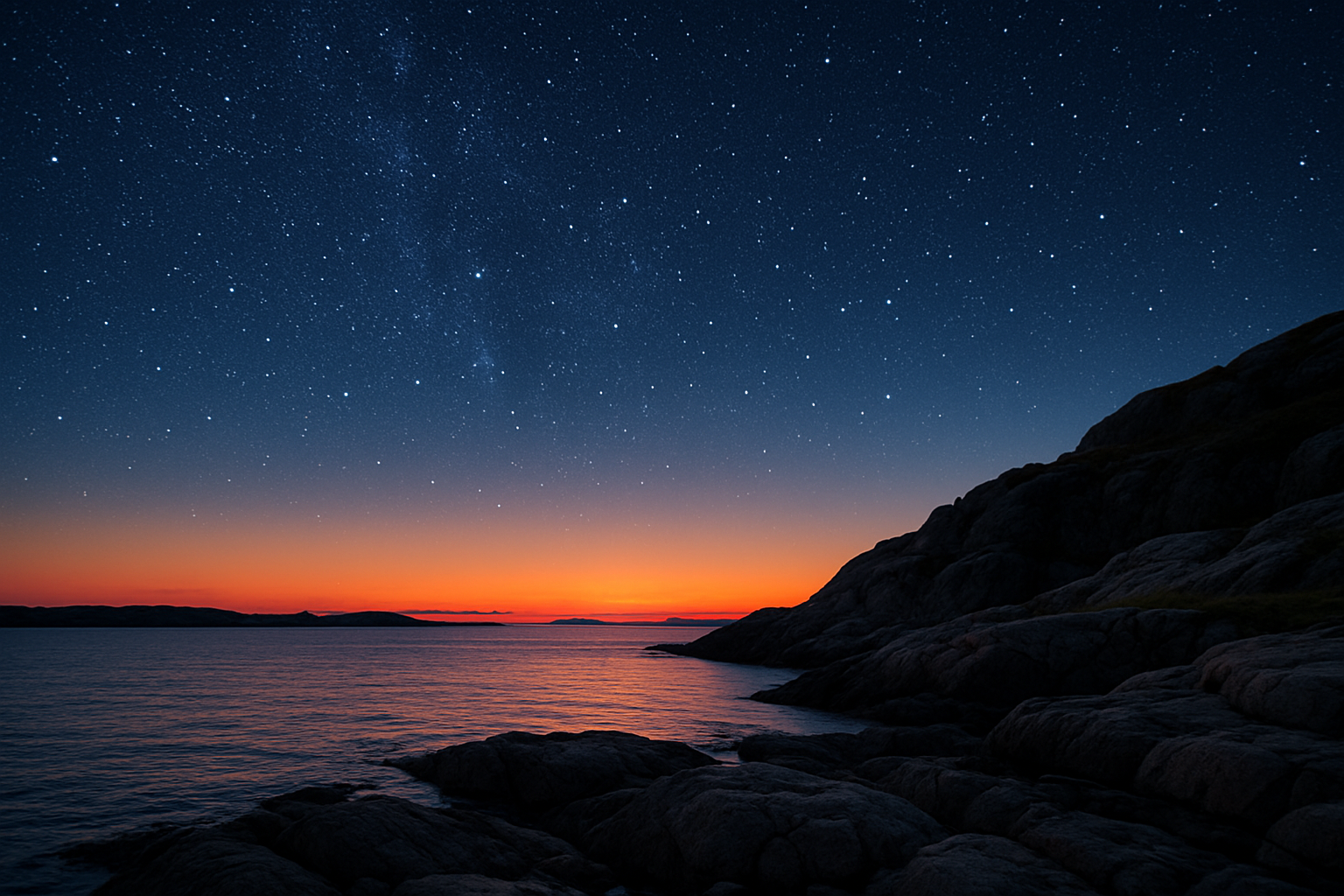 Clear nightsky with stars and the sun has just set looking out in the horizon from a scandinavian coast line-1
